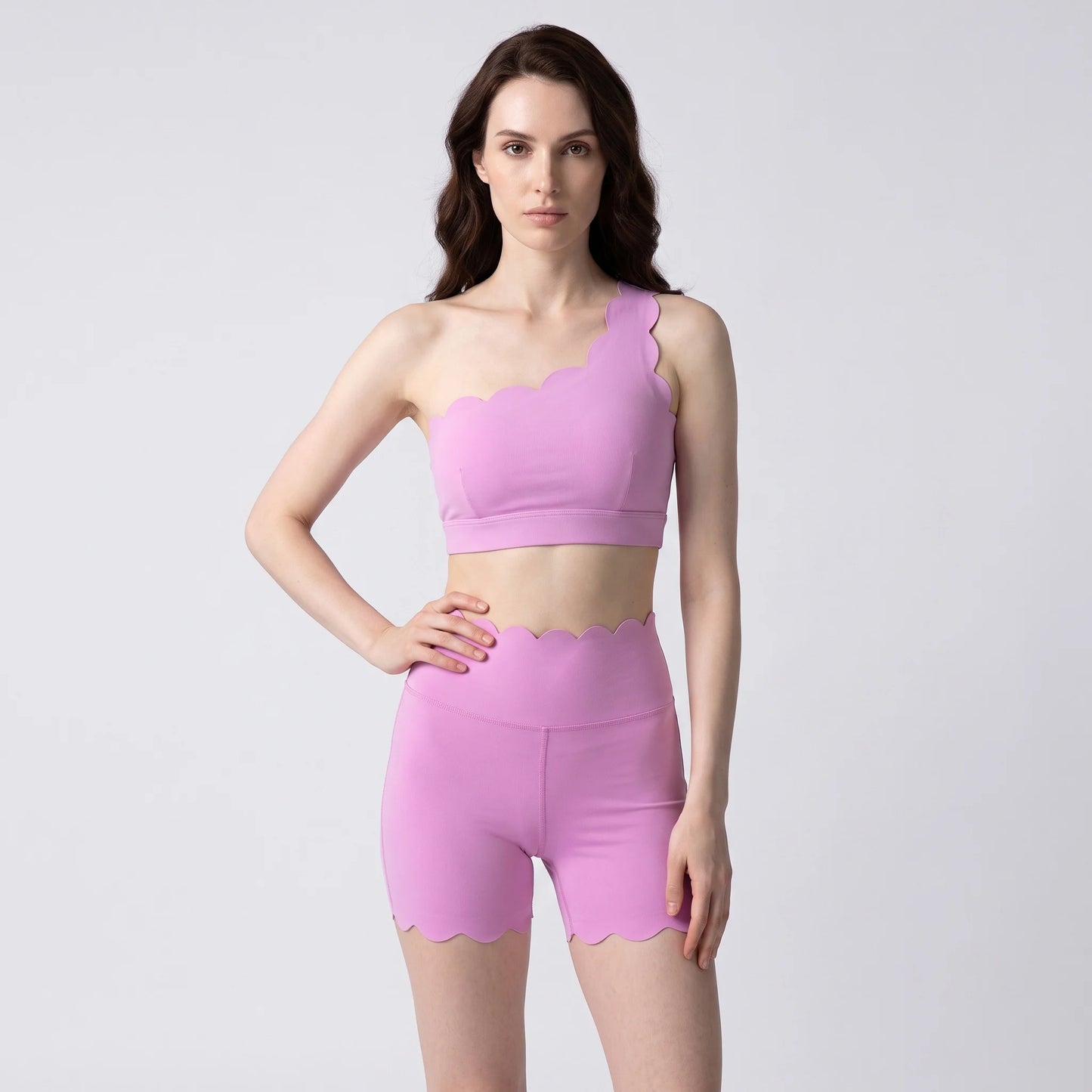 Women One Shoulder Scalloped Trim Sports Bra High Waist Scalloped Yoga Shorts 2 Pcs Workout Set Squat Proof Gym Pilates Outfit