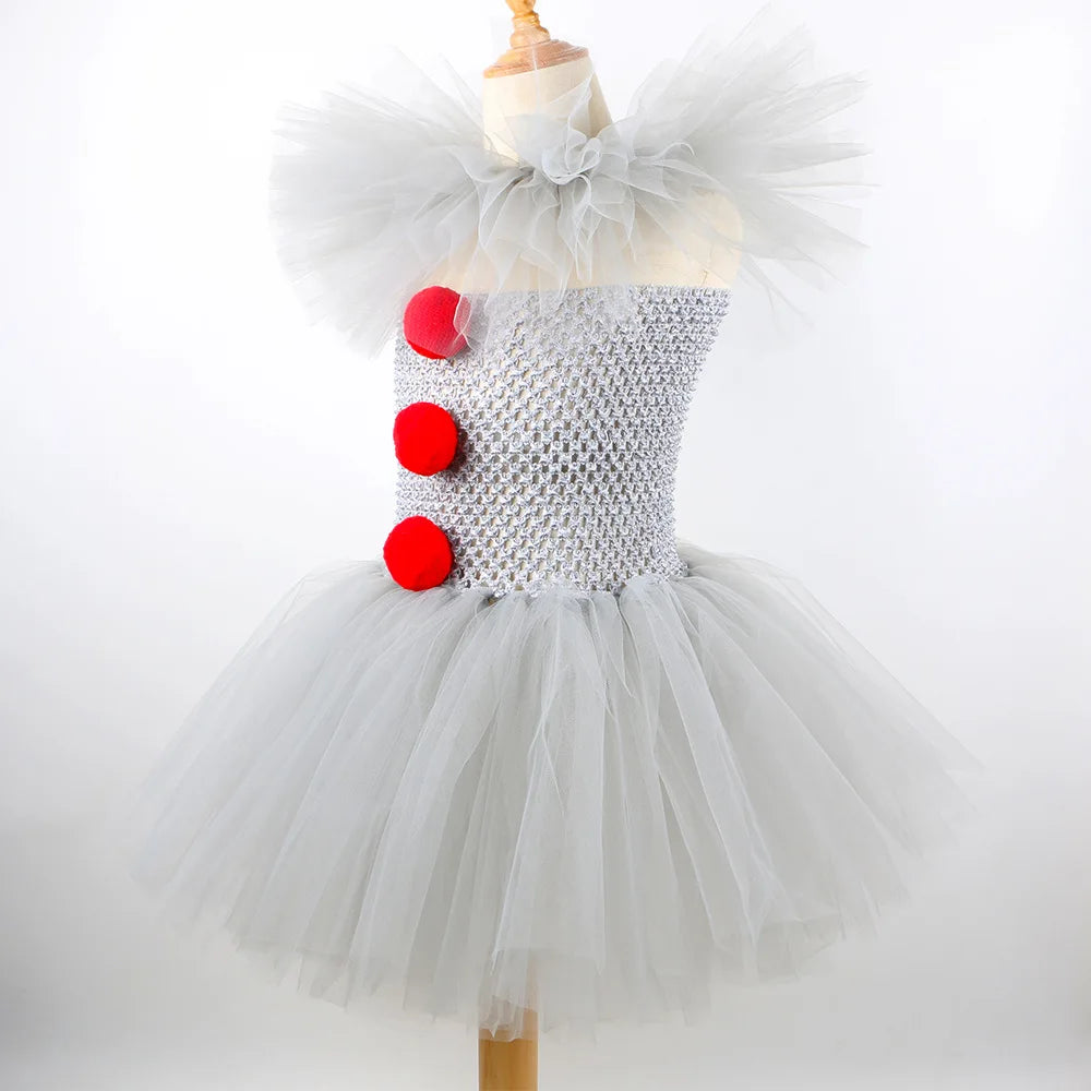 Halloween Grey Joker Costume for Kids Clown Cosplay Carnival Party Clothes Gray Children Girls Fancy Tulle Tutu Dresses