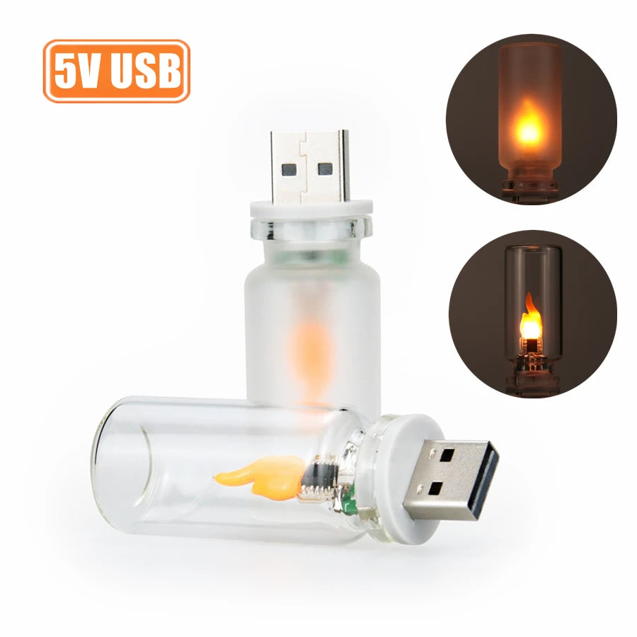 USB Flame Flickering LED Frosted Clear Glass Candle Night Light Simulated Flame for Car Home Room Laptop PC Festival Decoration