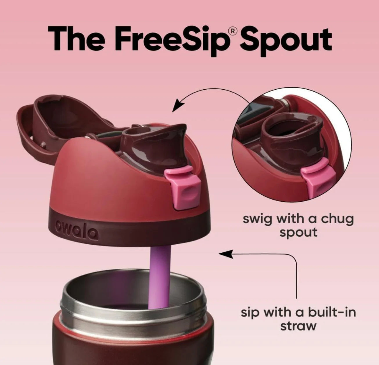 Owala Insulated Cup Black Cherry FreeSip Double Lid Large Capacity Sports Straw Insulated Cup Portable Cup，Silicone bottom cover