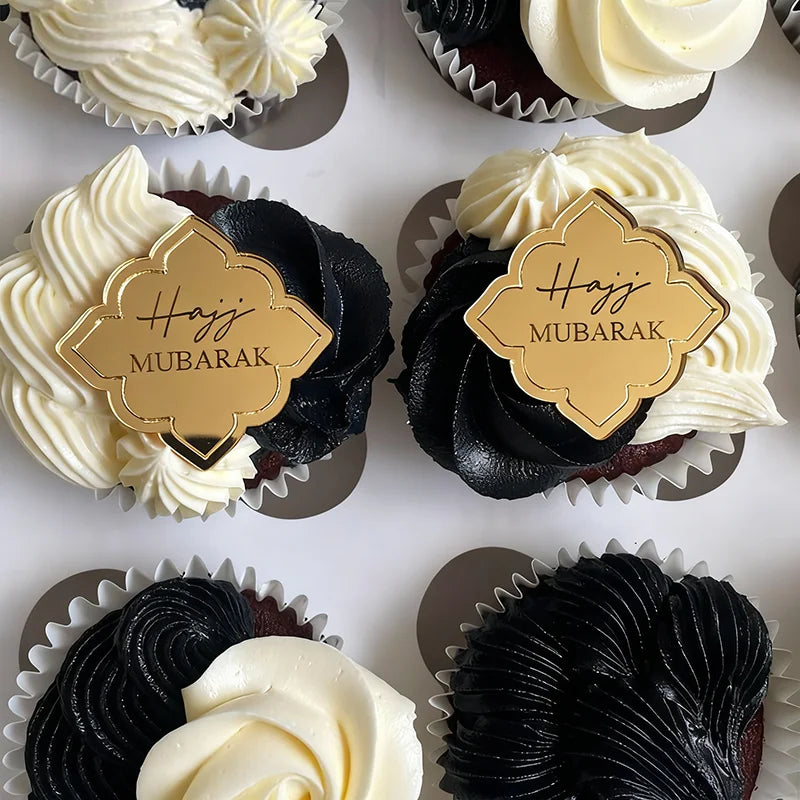 10pcs Hajj Mubarak Engraved Acrylic Cake Charm Mirrored Acrylic Cupcake Topper for Muslim Islamic Eid Al Adha Dinner Table Decor