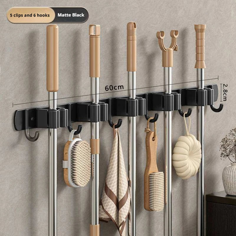 Stainless Steel Mop Broom Holder Wall Mounted No-Drilling Self Adhesive Heavy Duty Utility Storage Rack Garage Garden Organizer