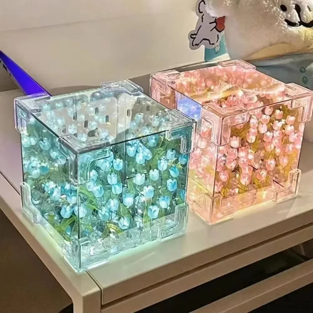 Creative Diy Tulip Flower Sea Cube Three-Dimensional Small Night Lamp Material Package for Girlfriend Couple Girlfriends