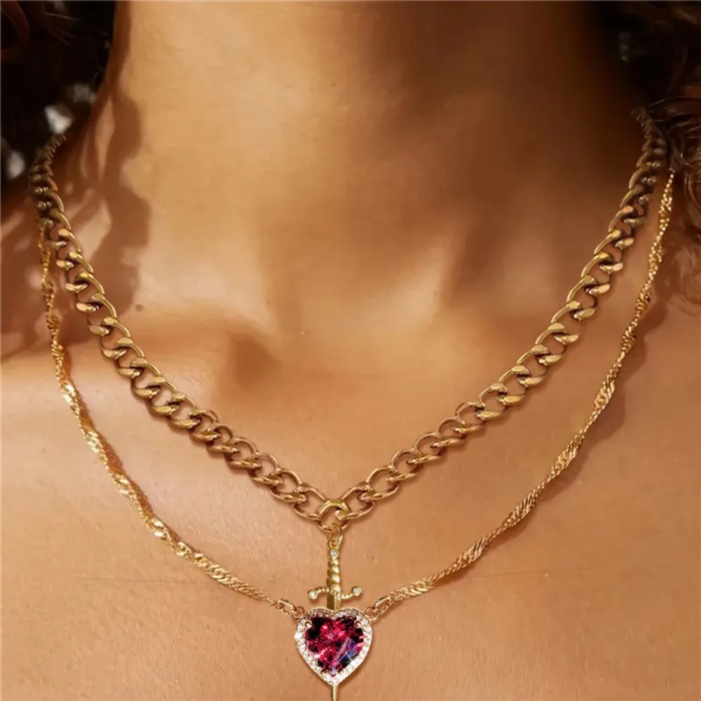 2Pcs Gothic Punk Sword Heart Creative Couple Necklace for Women Men Lovers Sparkling Y2K Heart Pendant Jewelry Accessories Gifts
