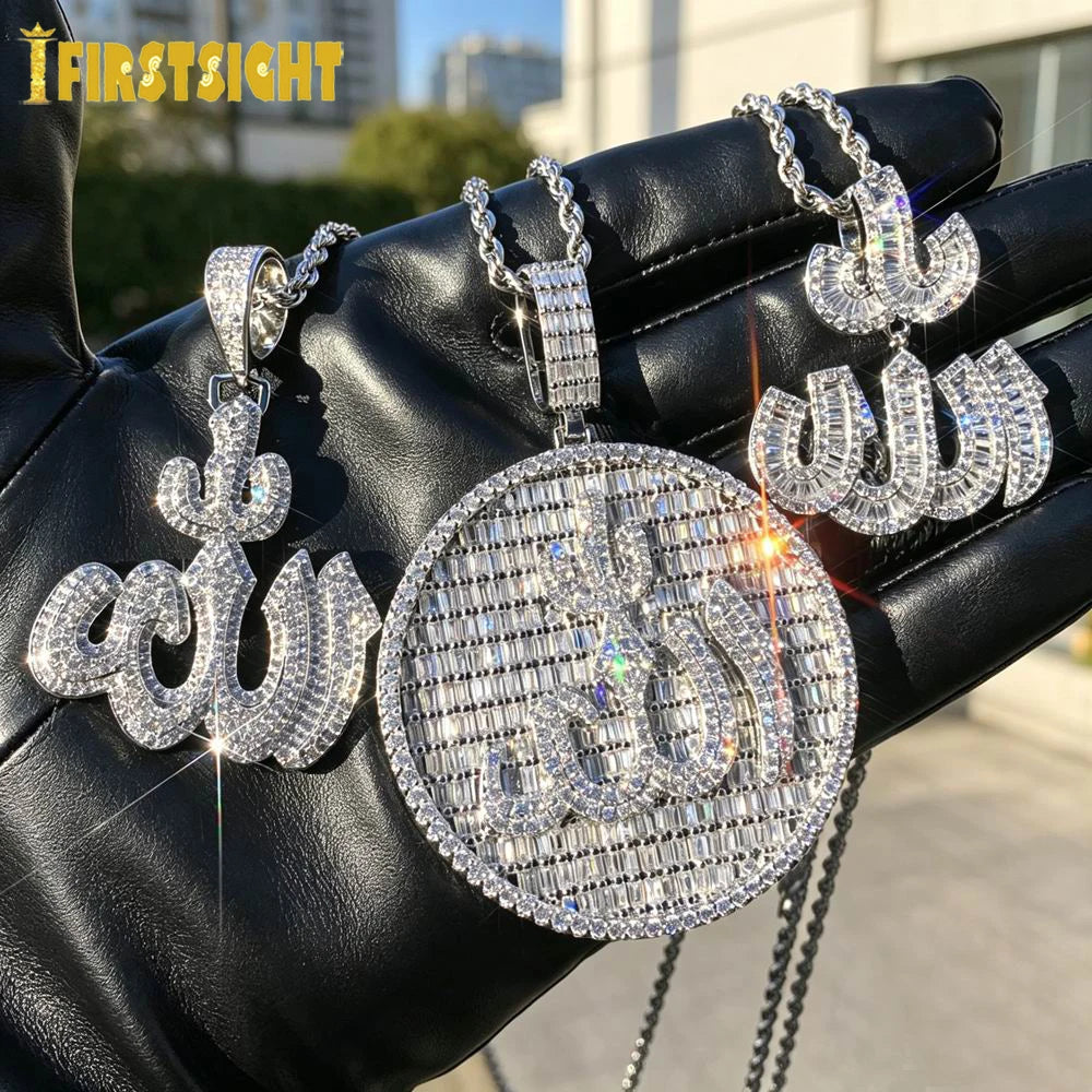 Iced Out Muslims Allah Pendant Necklace Silver Color Pave Zircon CZ Letter Charm Bling Women Men Hip Hop Jewelry
