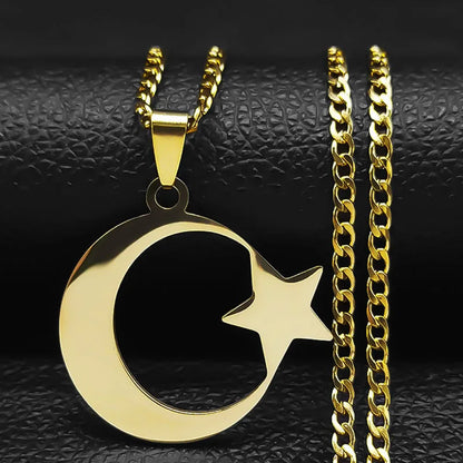 2026 Muslim Islam Moon Star Stainless Steel Chain Necklaces for Women Gold Color Necklace Jewelry Collares De Mujer N4811S05