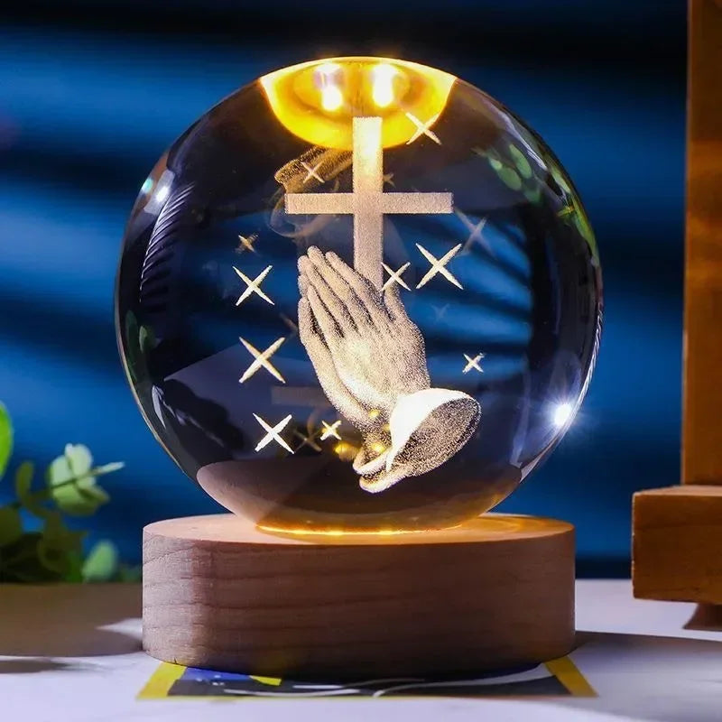 Illuminated Jesus and Virgin Mary Crystal Ball Set with Cross for Devotion rosarios catolicos  jesus christ