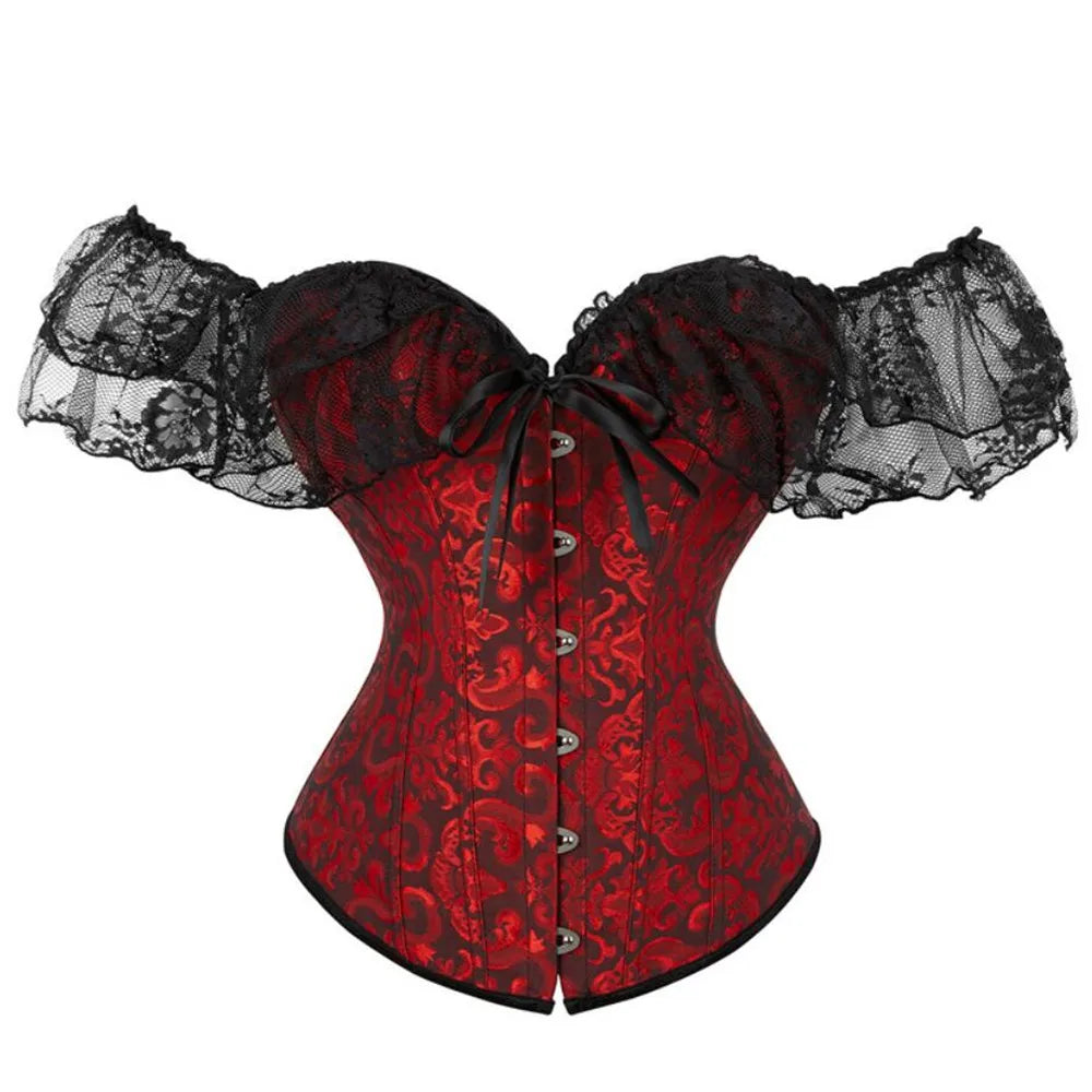 Lace Sleeves Off Shoulder Floral Overbust Corset Princess Elegant Corsets Victorian Women Sexy Bustier Showgirl Party Costume