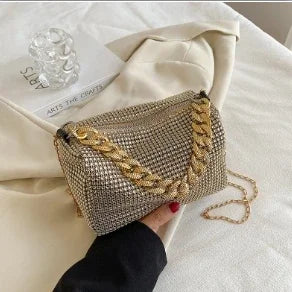 New Outdoors Allover Rhinestone Bucket Bag, Glitter Chain Prom Purse, Women's Mini Crossbody Bag (6.3*3.54) Inch