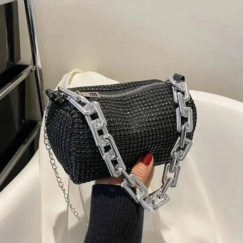 New Outdoors Allover Rhinestone Bucket Bag, Glitter Chain Prom Purse, Women's Mini Crossbody Bag (6.3*3.54) Inch