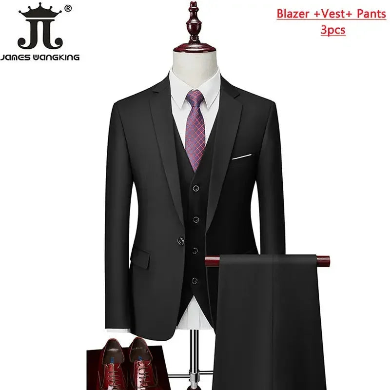 M-6XL 15 Colors ( Jacket+Vest+Pants ) Formal Business Office Men's Suits Groom Wedding Dress Party Dress Solid Color Suit