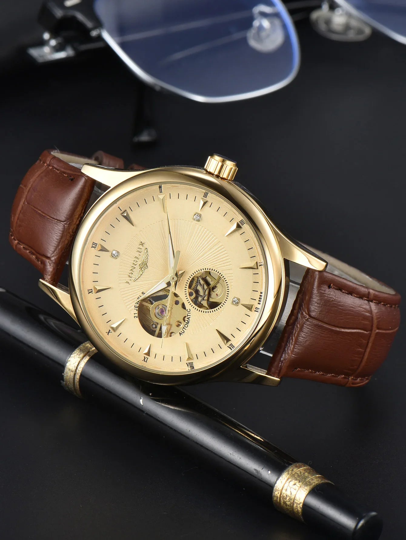 LONGLUX Automatic Watch Elegant Style Wholesale Mechanical Wristwatches Skeleton Rome Waterproof Mens Watch Men Gift