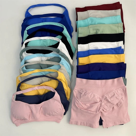 Yoga Shorts Set Seamless Yoga Set Workout Scrunch Shorts Sets Halter Sports Bra Scrunch Shorts Fitness Clothes Gym Suit