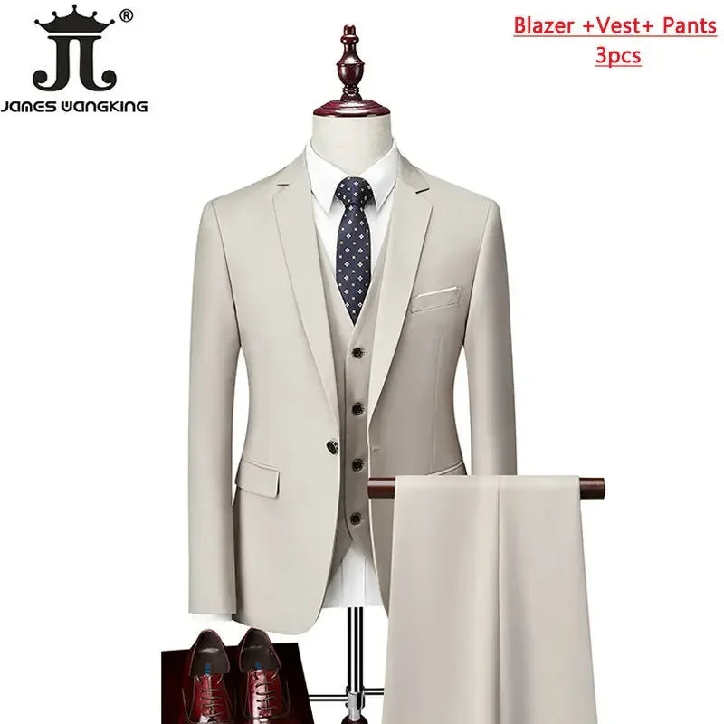 M-6XL 15 Colors ( Jacket+Vest+Pants ) Formal Business Office Men's Suits Groom Wedding Dress Party Dress Solid Color Suit