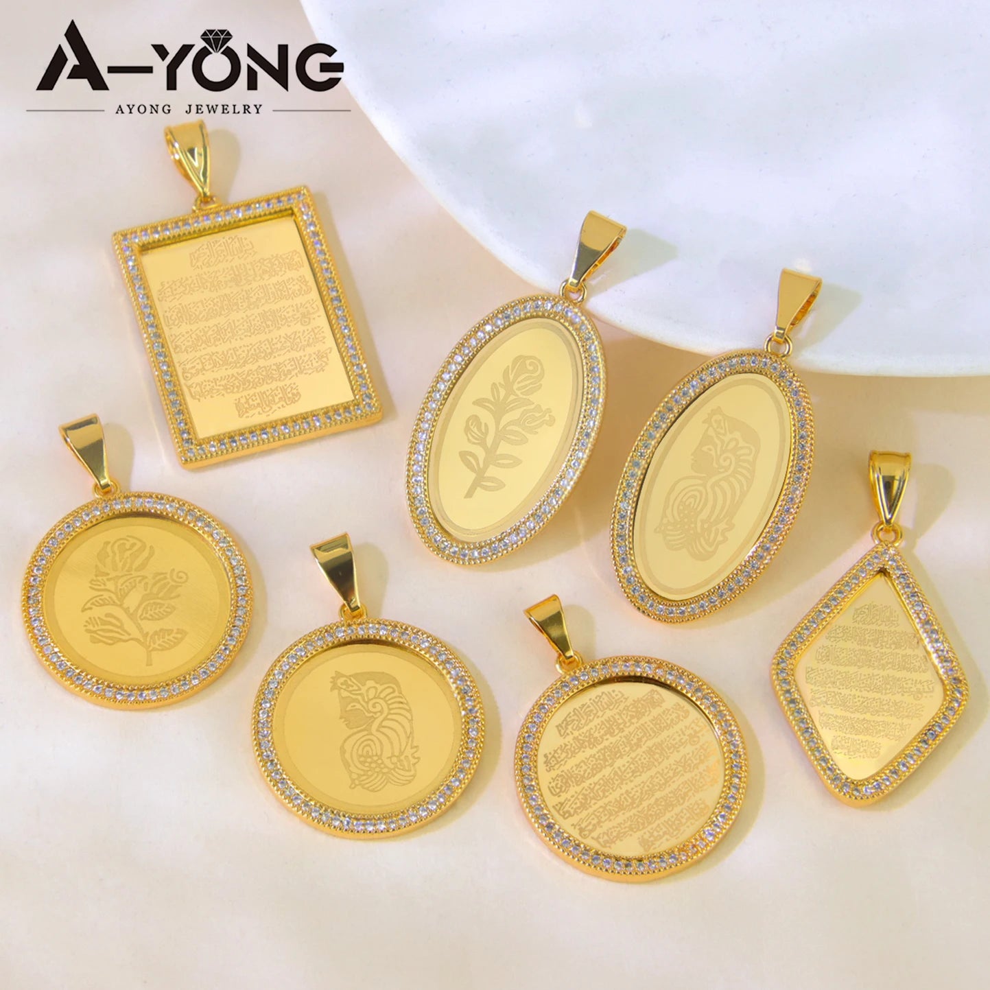 Arabic Islamic Simple Necklace Pendant 21k Gold Plated Dubai Wedding Vintage Coins Pendants Exotic Classic Ayatul Kursi Jewelry