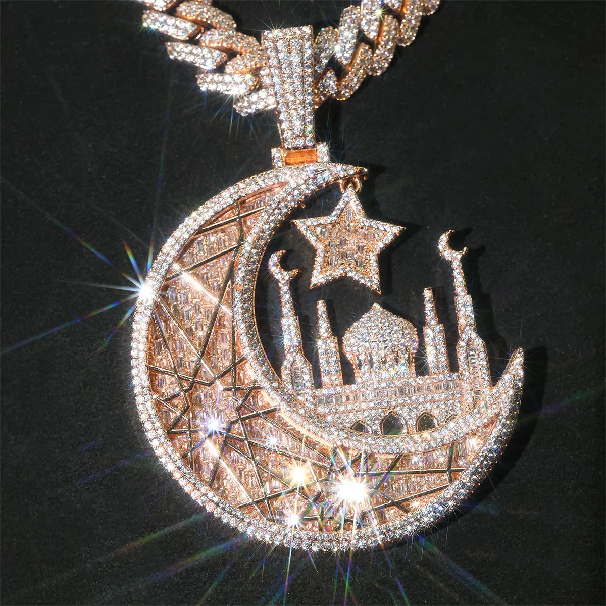 Iced Crescent Mosque Star Pendant Men Hip Hop Charm 18K Rose Gold Plated Full Paved CZ Bling Jewelry Islamic Muslim Religious Moon Cuban Link Chain Accessories Shiny Faith Statement For Rappers Club Urban Street Daily Fashion