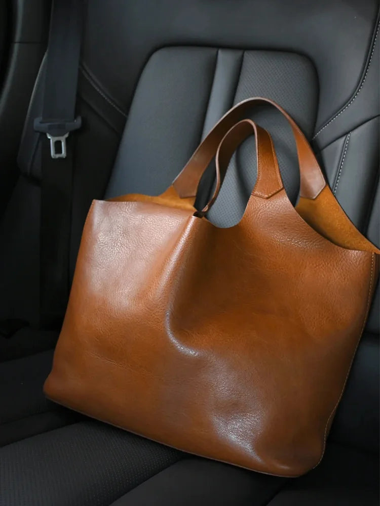 Brown Soft Leather Large Capacity Tote Bag Women's 2025 New Luxury Minimalist High-End Feeling Tablet Briefcase Handbag