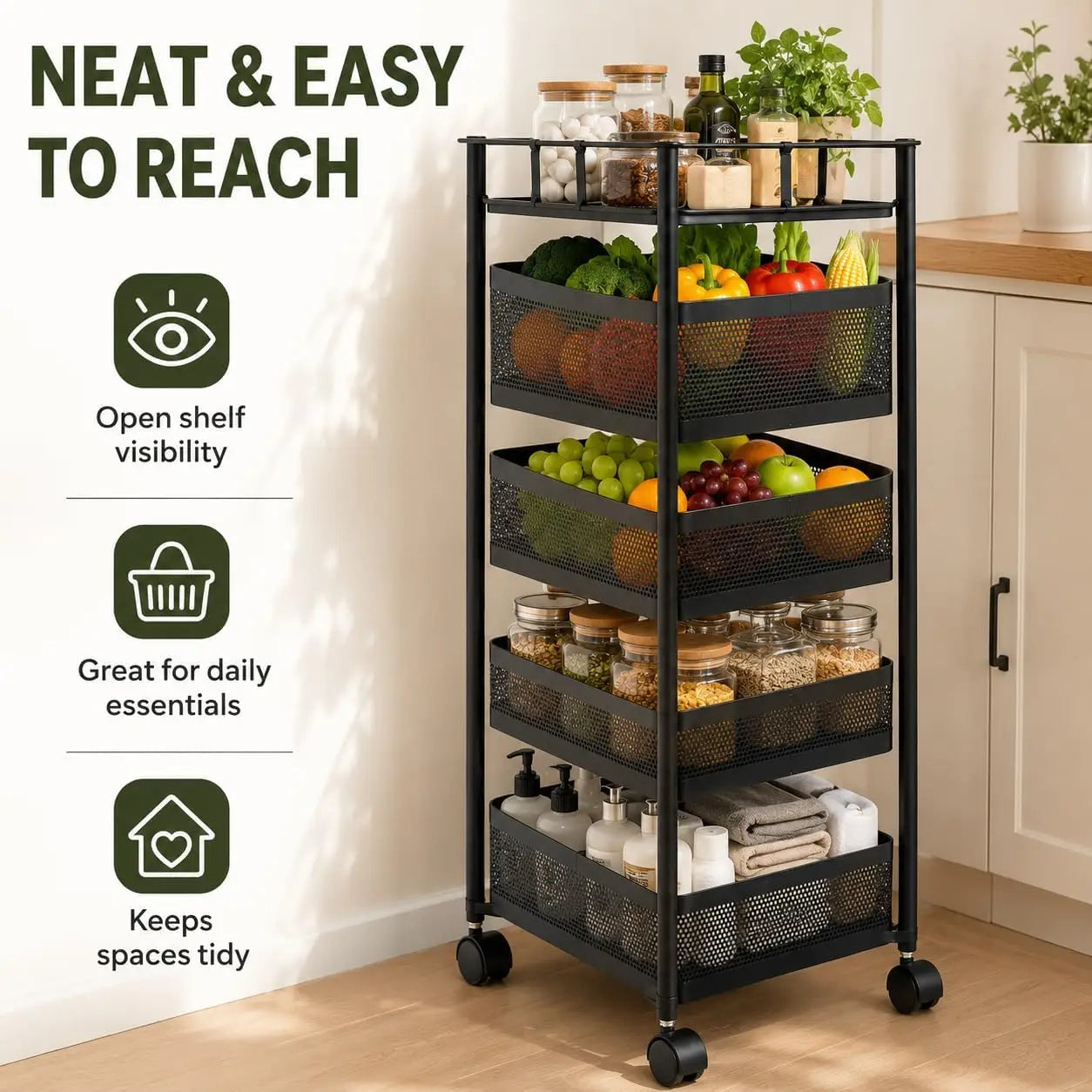 6 Tier Rotating Storage Shelves Rack,Kitchen Vegetable Storage Trolley,Vegetable Fruit Storage Basket Rack,5 Layer Kitchen Rotating Storage Rack,Vegetable Trolley,Potato Storage,Onion Storage