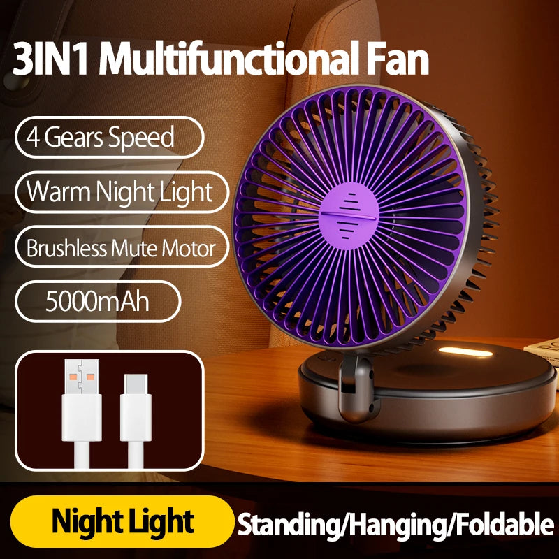 5000mAh Rechargeable 3 IN 1 Multifunctional Fan 4 Speed 90° Folding Wall Mounted Portable Fan with Warm Night Light