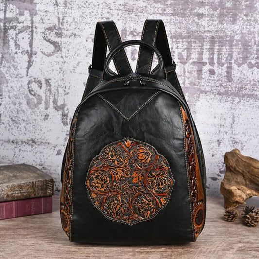 2025 New Women's Backpack for Women Leather Bag Vintage Embossed Feminina Backpacks Ladies Travel Bags Handmade 9 Colors