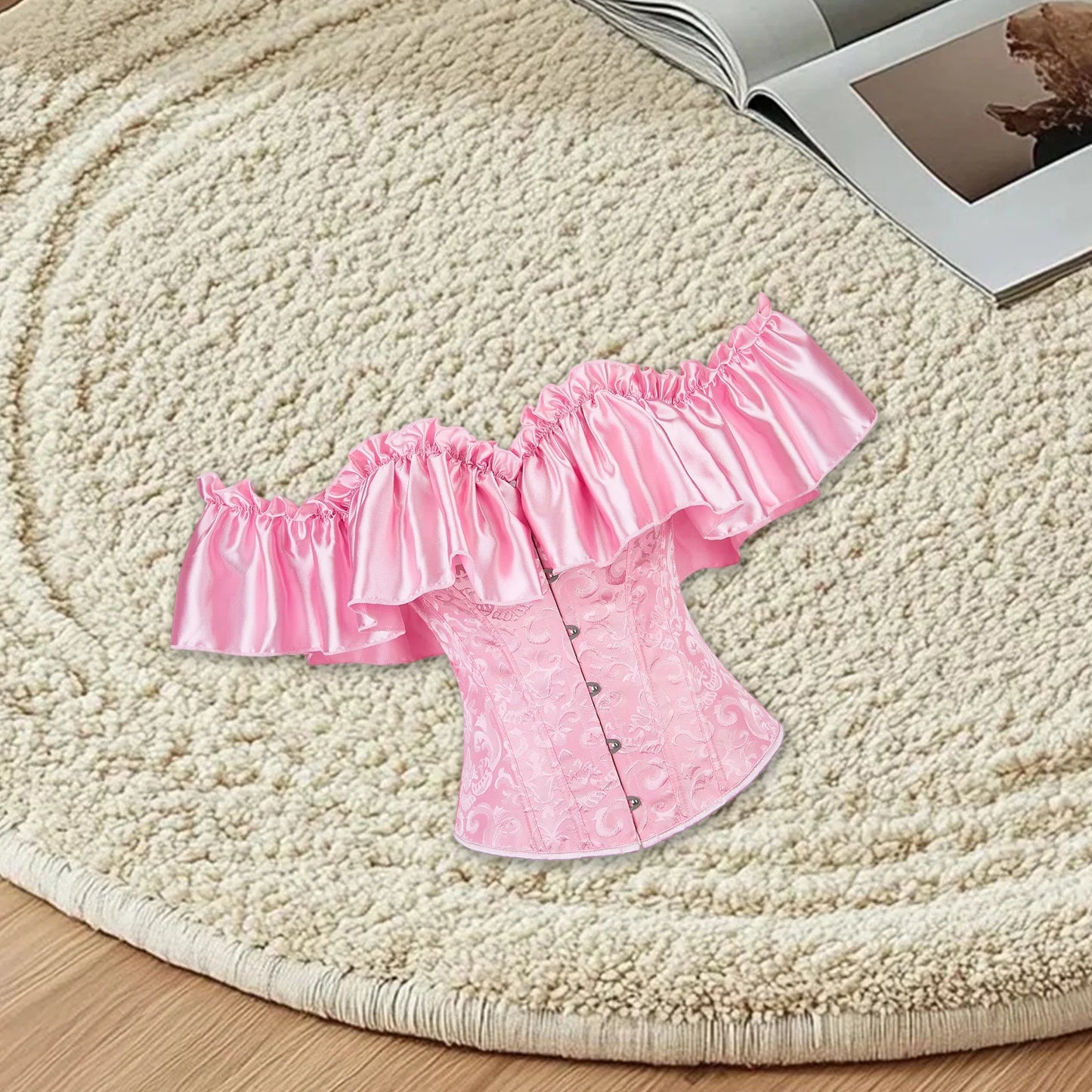 Women's Sexy Corset Bustier Button Down Back Tied Elegant Embroidered Ruffles Trim Strapless Slim Fit Off The Shoulder Tops