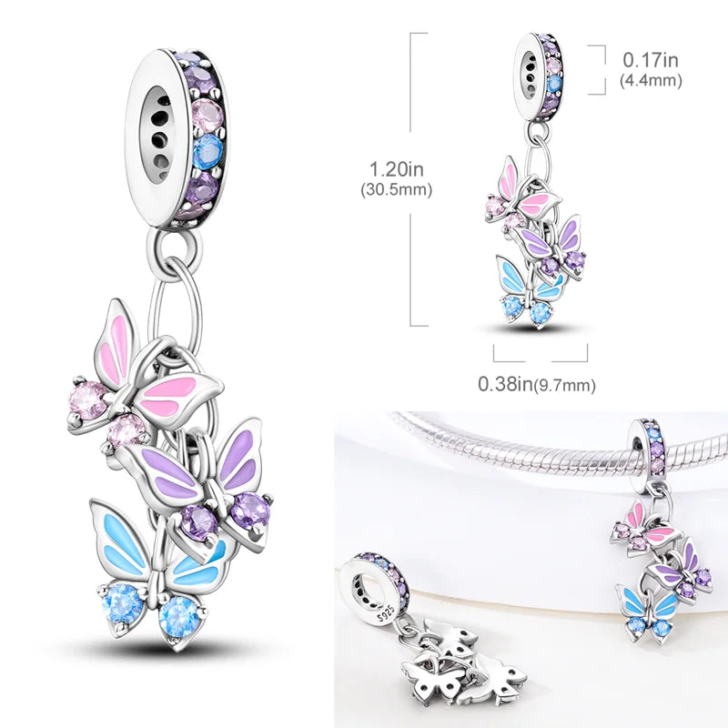 2026 Hot Sale Charms Bead 925 Sterling Sliver Pink Butterfly Luminous Firefly Dangle Fit Bangle Bracelet Necklace DIY Jewelry