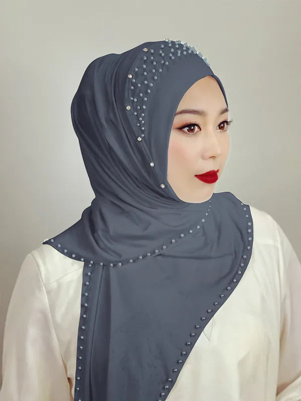 Convenient Instant Hijab Pullover Beaded Scarf Malay Shawl Women's Solid Color Headscarf (One Cap Gift)