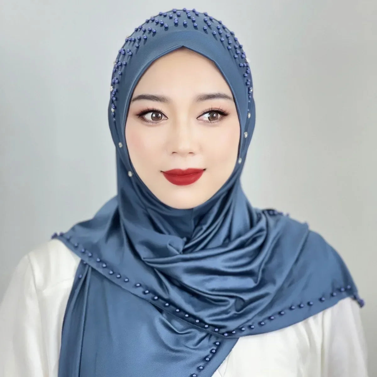 Convenient Instant Hijab Pullover Beaded Scarf Malay Shawl Women's Solid Color Headscarf (One Cap Gift)