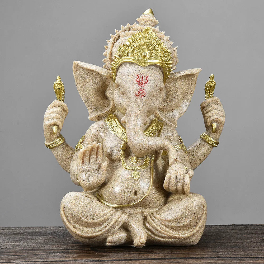 Hindu Ganesha Buddha Elephant Statue Golden Sandstone Ganesha Figurine Tabletop Decoration Ornament Elephant Figurine Home Decor