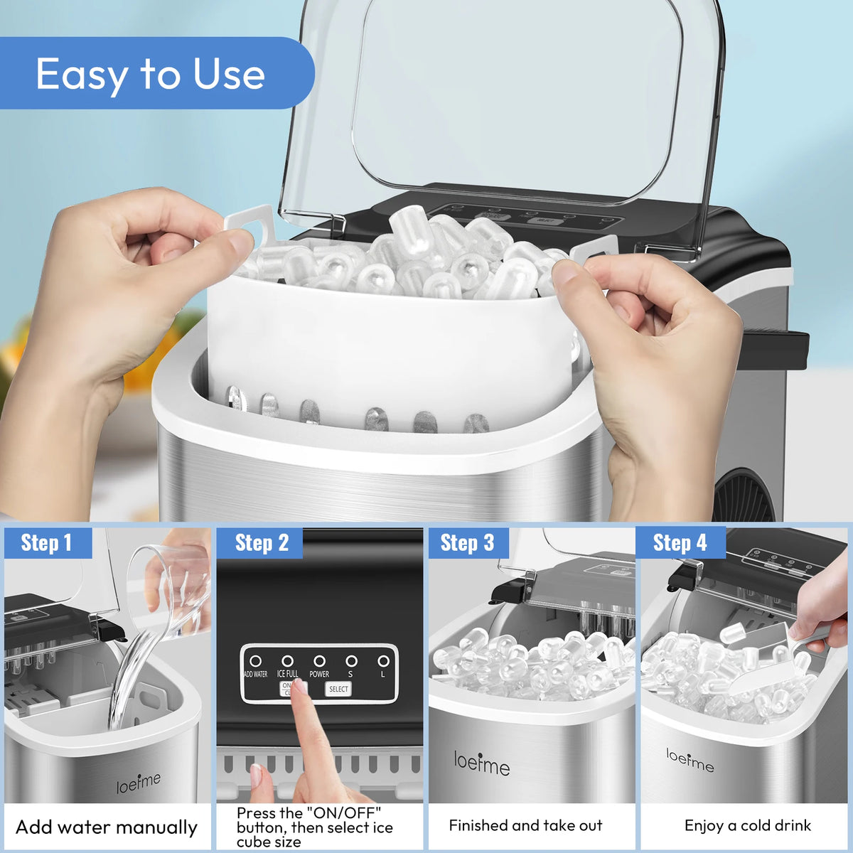 LOEFME 12kg/Day Portable Ice Maker 6 Mins Quick Ice 9pcs Bullet Ice Fully Automatic Self-Cleaning Ice Machine for Home Kitchen