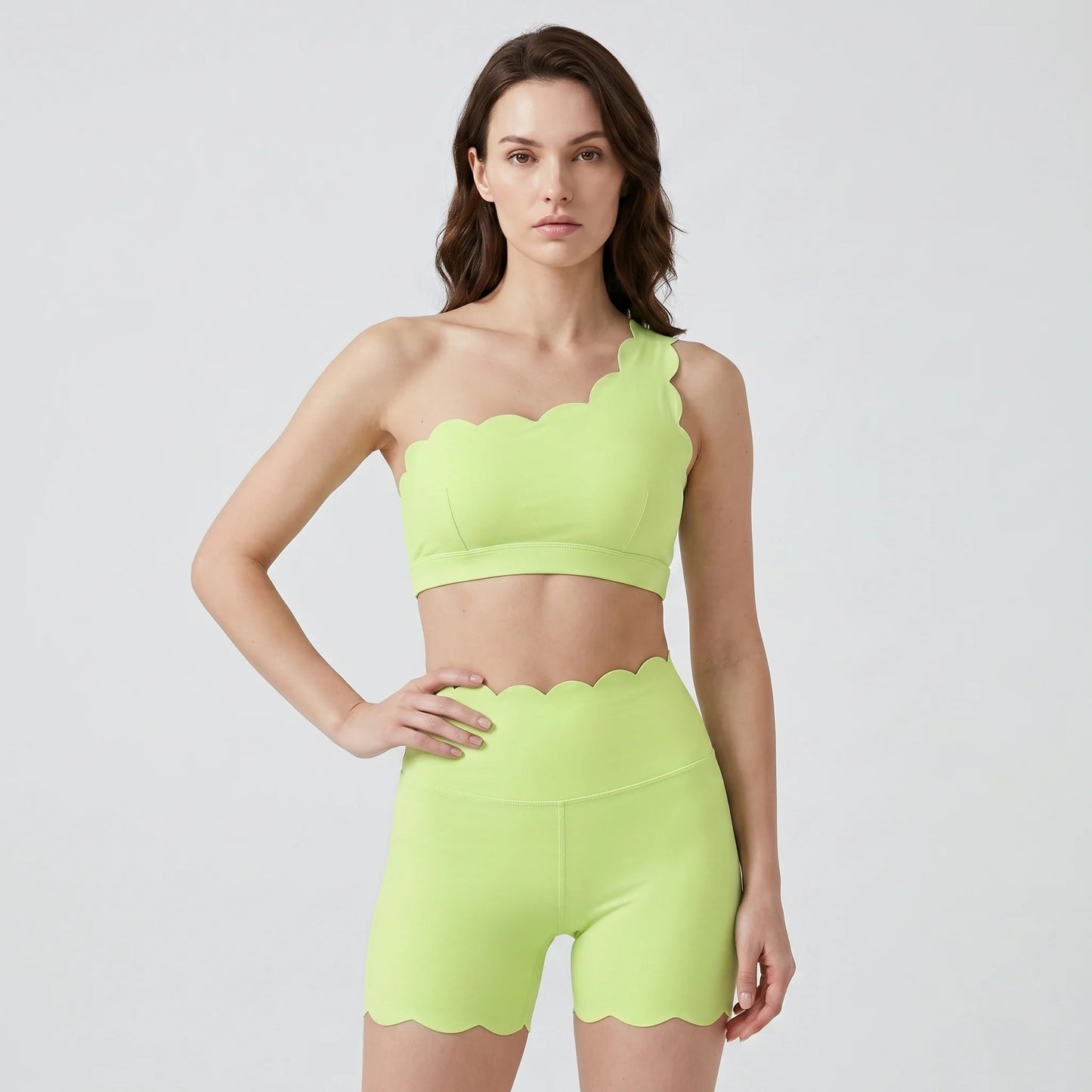 Women One Shoulder Scalloped Trim Sports Bra High Waist Scalloped Yoga Shorts 2 Pcs Workout Set Squat Proof Gym Pilates Outfit