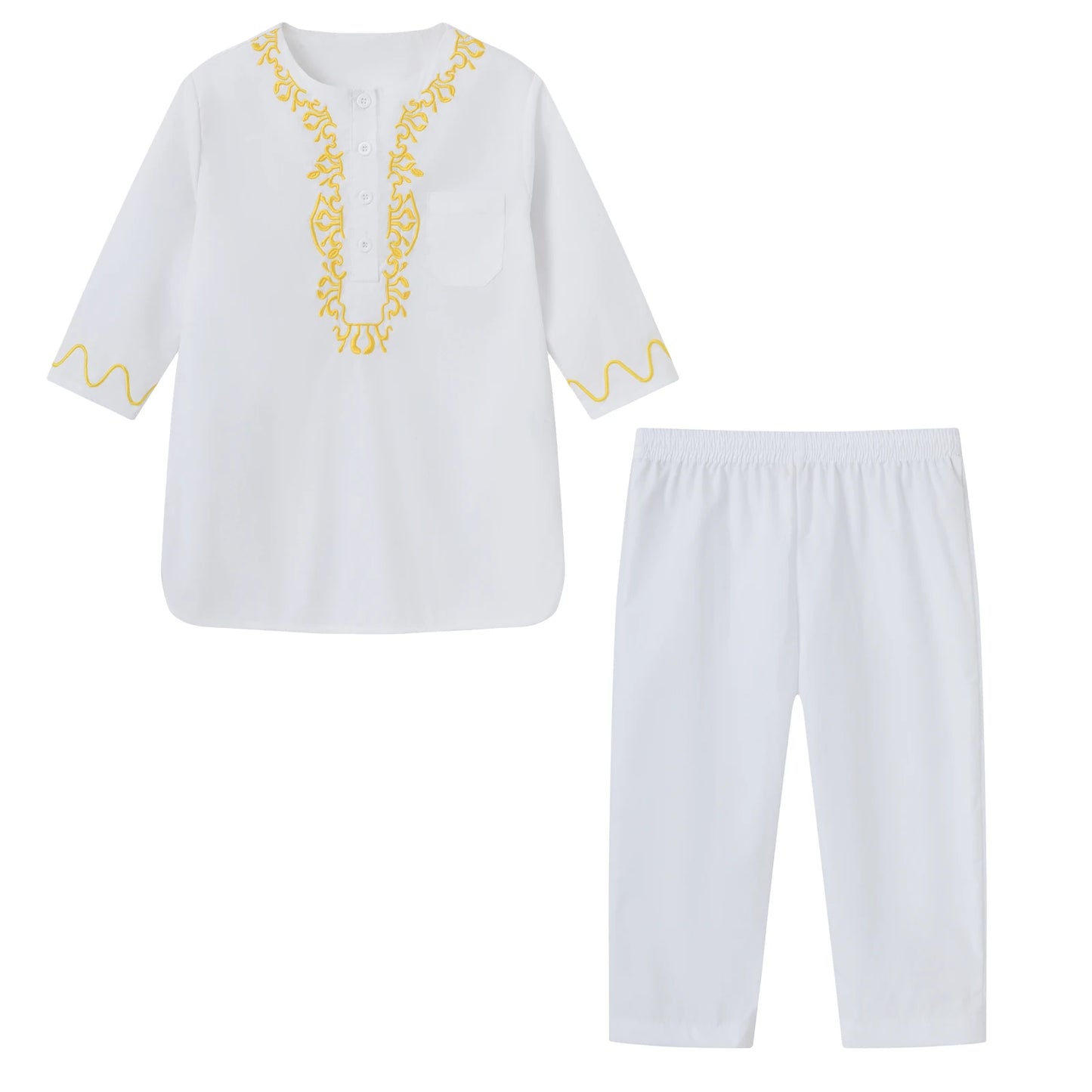 Autumn New Middle Eastern Button Round Tie Pocket Robe Set with Arabic Embroidery Pattern for Middle Eastern Children
