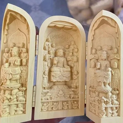 Solid Wood Carving Three Open Buddha Statue, Collapsible Sculpture, Living Room and Bedroom Decoration, Modern Art