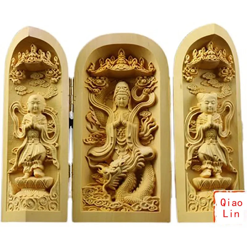 Solid Wood Carving Three Open Buddha Statue, Collapsible Sculpture, Living Room and Bedroom Decoration, Modern Art