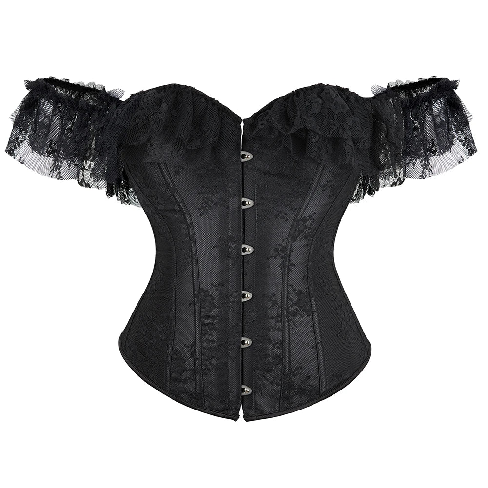 Lace Sleeves Off Shoulder Floral Overbust Corset Princess Elegant Corsets Victorian Women Sexy Bustier Showgirl Party Costume