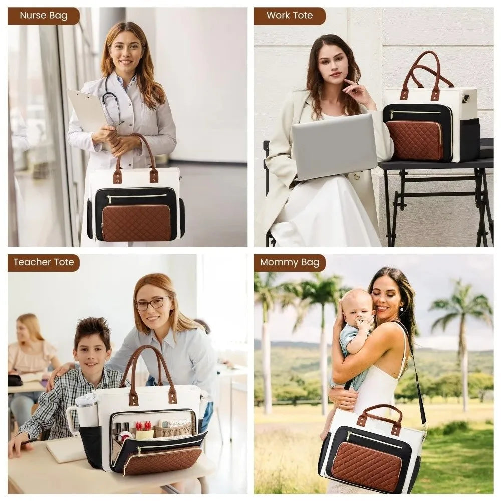 Large Capacity Tote Bag for Women Multi-Pocket Water-resistant Work Briefcase Professional Lightweight Quilted Shoulder Bag