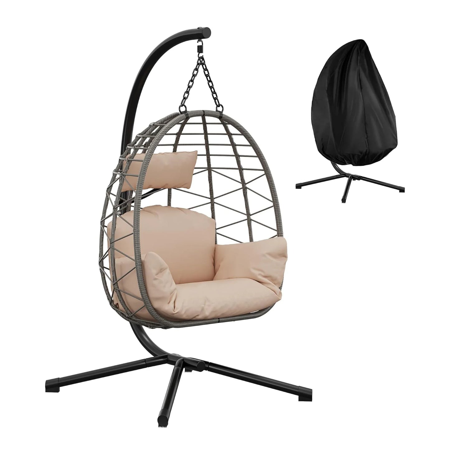 Foldable Rattan Swing Egg Chair With Metal Stand Indoor Outdoor Hanging Hammock Chair Weatherproof Patio Garden Furniture