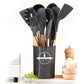 Silicone Kitchen Utensils Set 12-Piece, Heat Resistant, BPA Free, Wooden Handles & Storage Bucket for Non-Stick Cookware, Baking & Cooking