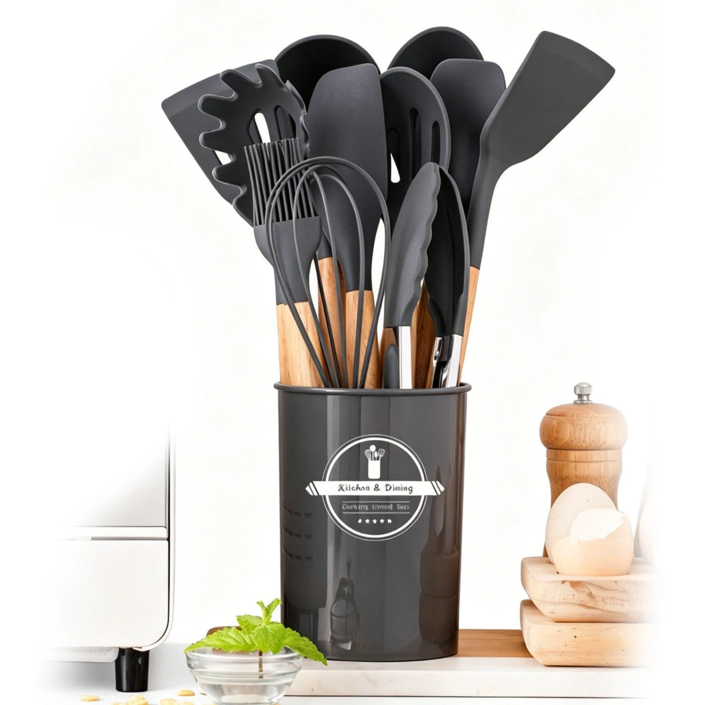 Silicone Kitchen Utensils Set 12-Piece, Heat Resistant, BPA Free, Wooden Handles & Storage Bucket for Non-Stick Cookware, Baking & Cooking