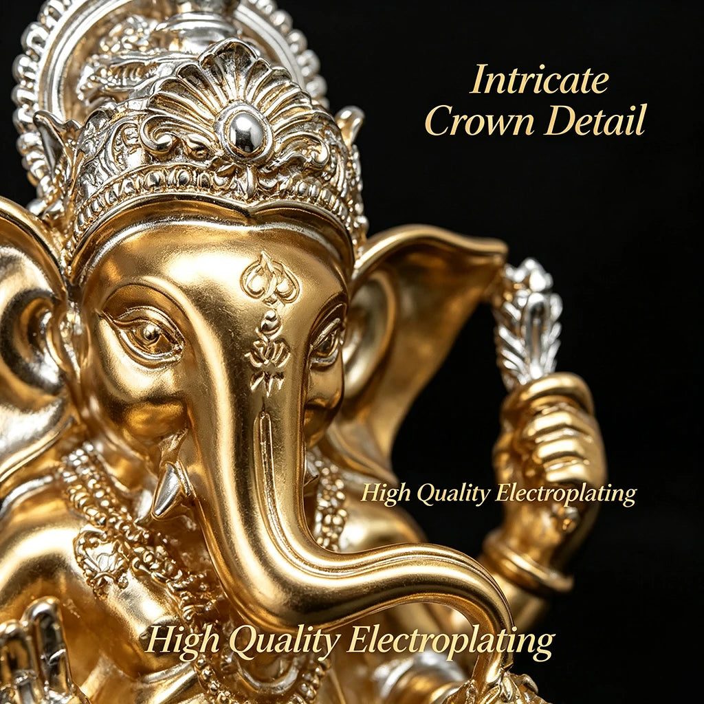 Golden Ganesha Statue Resin Figurine Hindu Elephant God Sculpture Lucky Decor for Home Living Room Office Meditation Room Gift