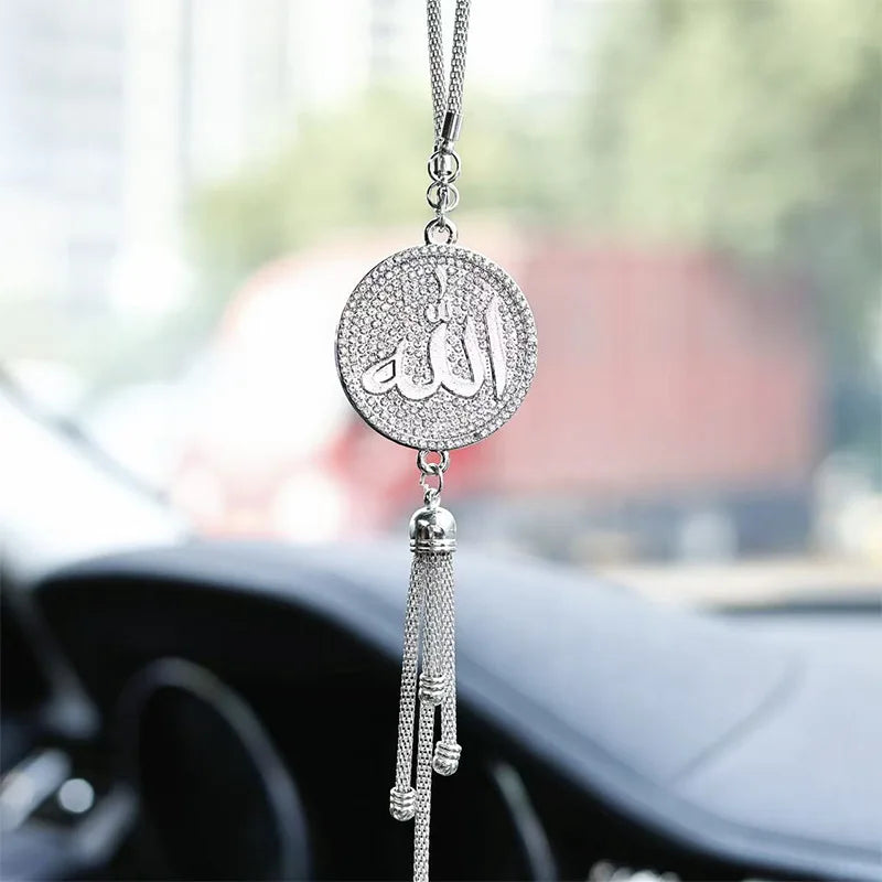 One Double-Sided Diamond-Set Islamic Scripture Car Ornament, Metal Tassel Car Pendant, High-End Model Design Car Ornament