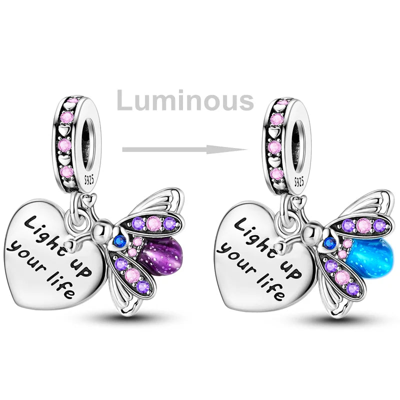 2026 Hot Sale Charms Bead 925 Sterling Sliver Pink Butterfly Luminous Firefly Dangle Fit Bangle Bracelet Necklace DIY Jewelry