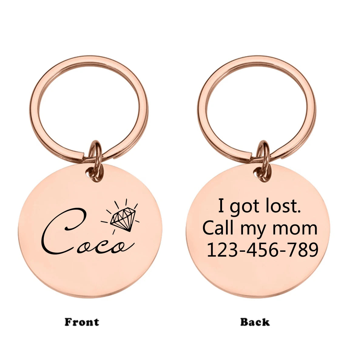 Customized pet nameplate with circular stainless steel text, digital engraved dog and cat collar ID tag, name, phone number,
