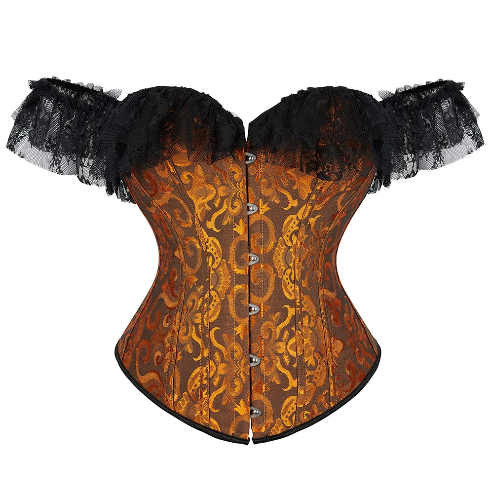 Lace Sleeves Off Shoulder Floral Overbust Corset Princess Elegant Corsets Victorian Women Sexy Bustier Showgirl Party Costume
