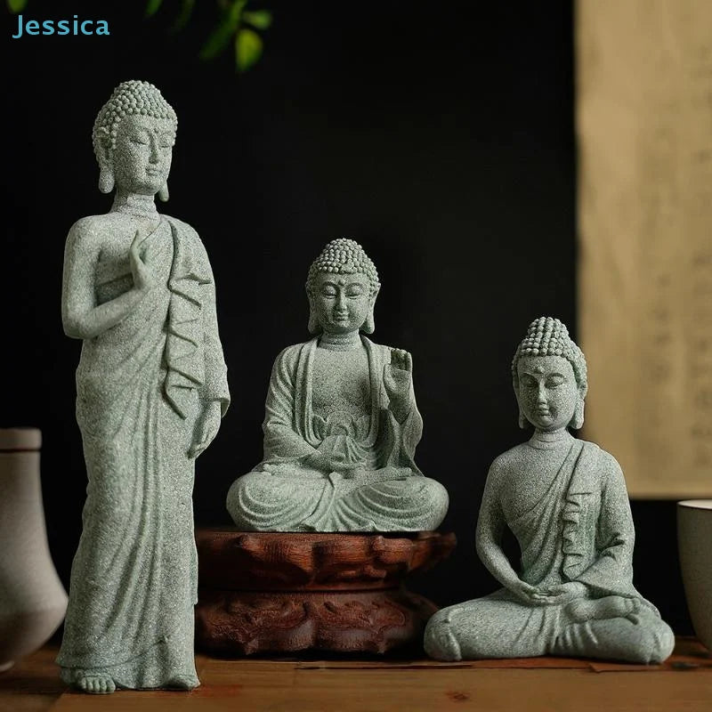 ♥Buddha Statue Set – Sandstone Finish, Various Poses, Zen Home Decor for Meditation & Spiritual Space