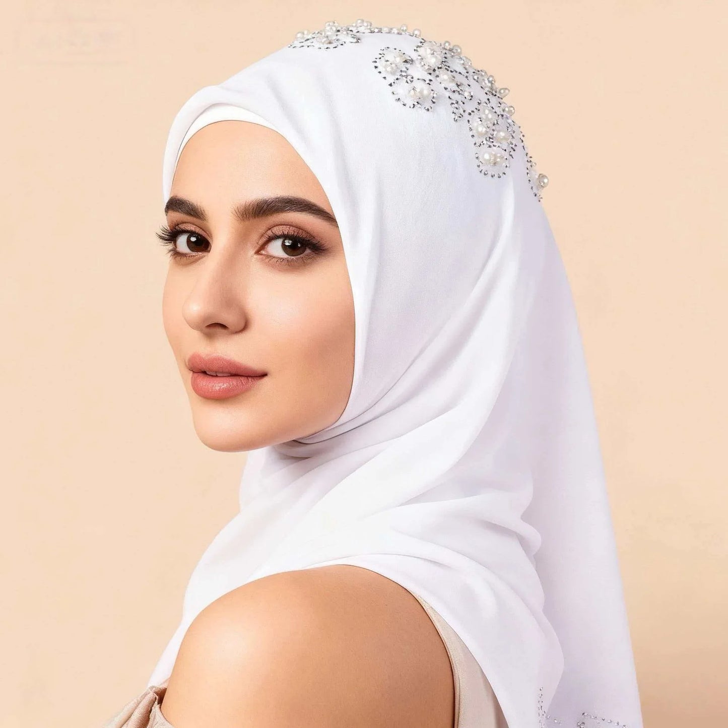Muslim Square Scarf Women Fashion Rhinestone Hijab Arab Headwrap Turban Headband Pearl Chiffon Islamic Headscarf  Free Pin