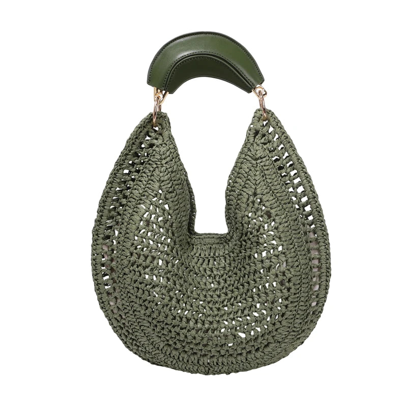 Boho Handwoven Straw Hobo Tote Bag Women Crescent Moon Shape Top Handle Basket Purse Summer Hollow Out Woven Handbag