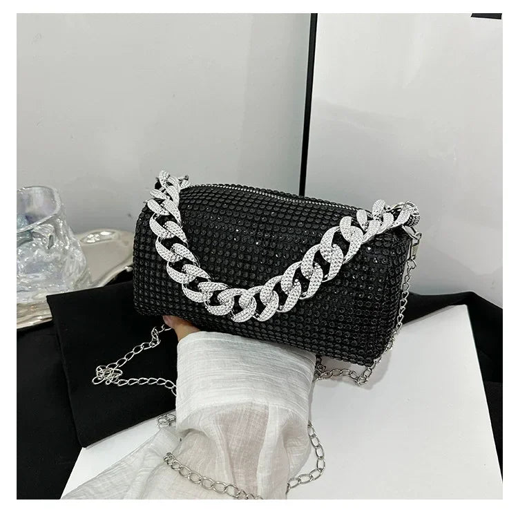 New Outdoors Allover Rhinestone Bucket Bag, Glitter Chain Prom Purse, Women's Mini Crossbody Bag (6.3*3.54) Inch