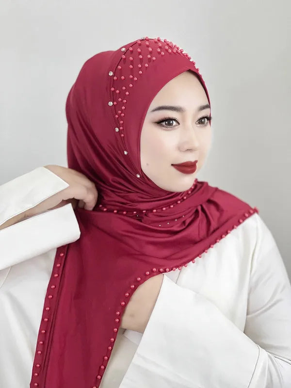 Convenient Instant Hijab Pullover Beaded Scarf Malay Shawl Women's Solid Color Headscarf (One Cap Gift)