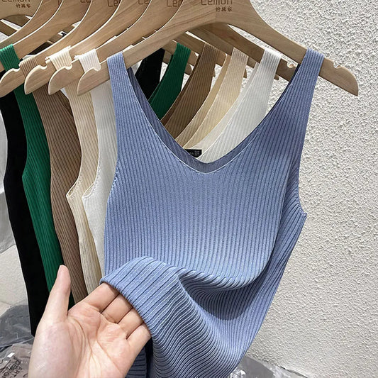 2026 Fashion Women Camisole Ice Silk Knit Tank Top Slim Fit Sleeveless Base Top Solid Color V-Neck Crop Top Casual Base Shirts